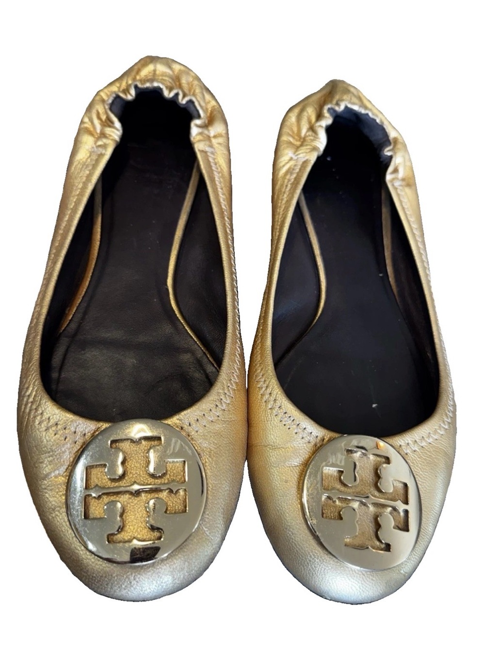 Tory Burch Flats Women’s 7.5 Reva Metallic Gold Tumbled Leather Ballerina Shoes